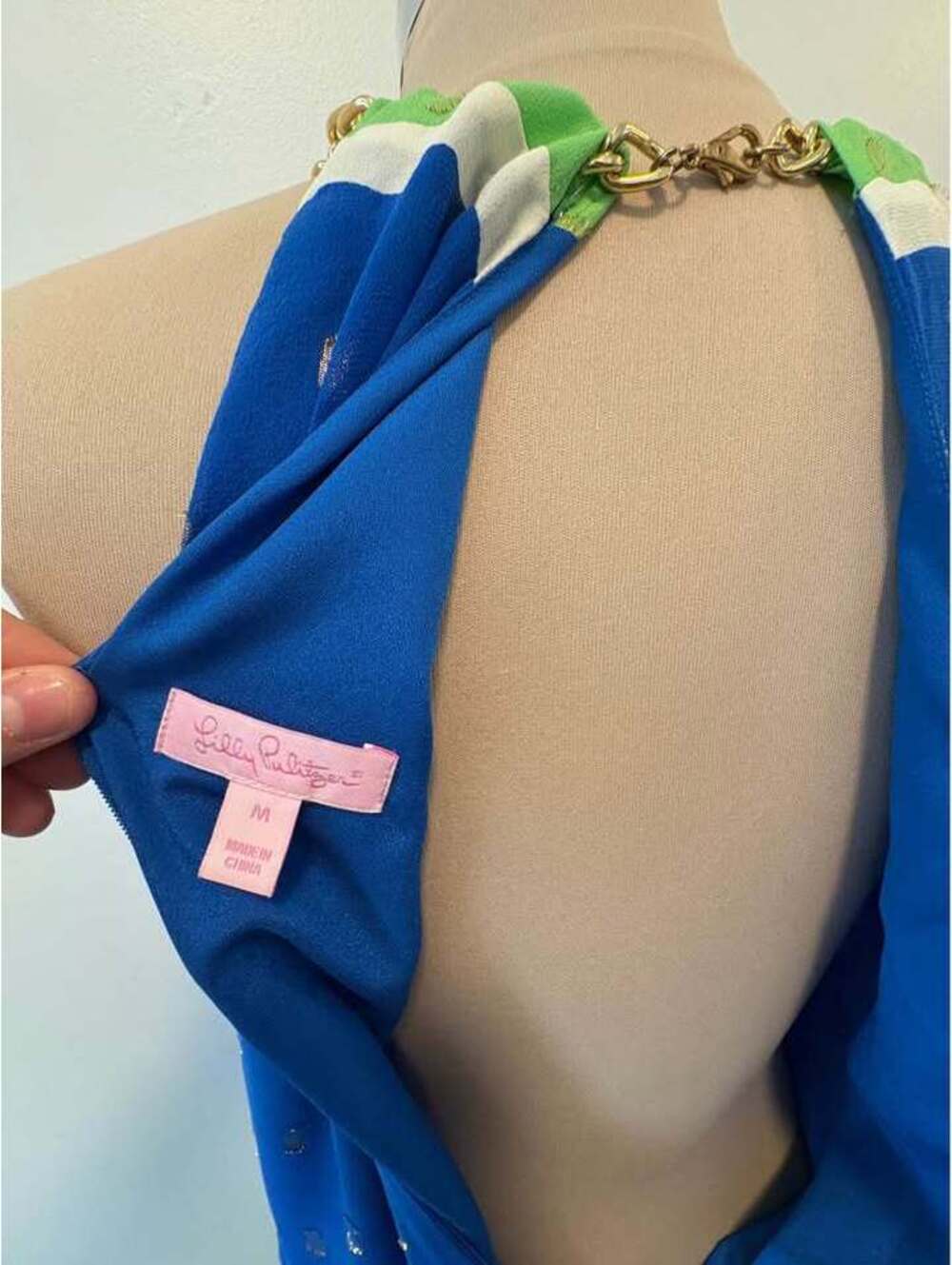 Lilly Pulitzer Blue and Green Gold Foil Dot Halter Maxi Dress - Picture 7 of 10